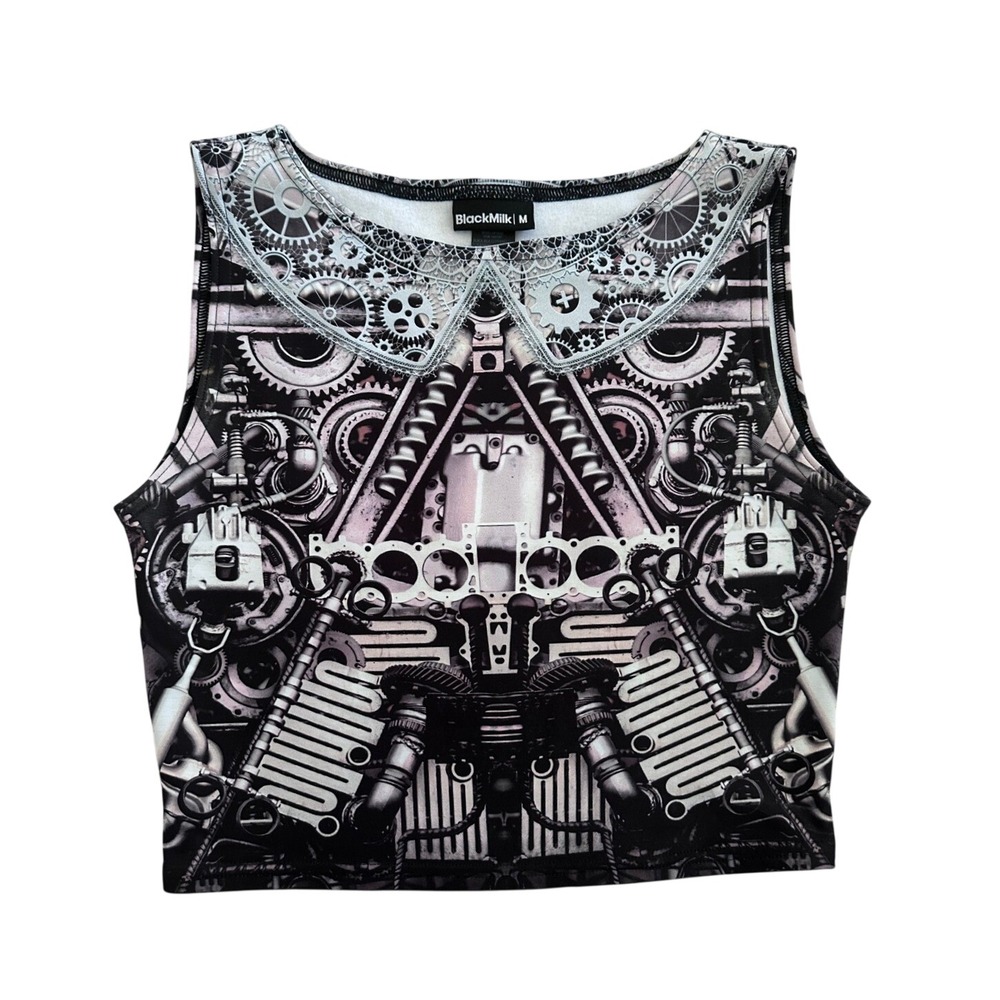 Black Milk Crop Top Women M Gear Print Lace Collar Steampunk Cyber Goth Rave